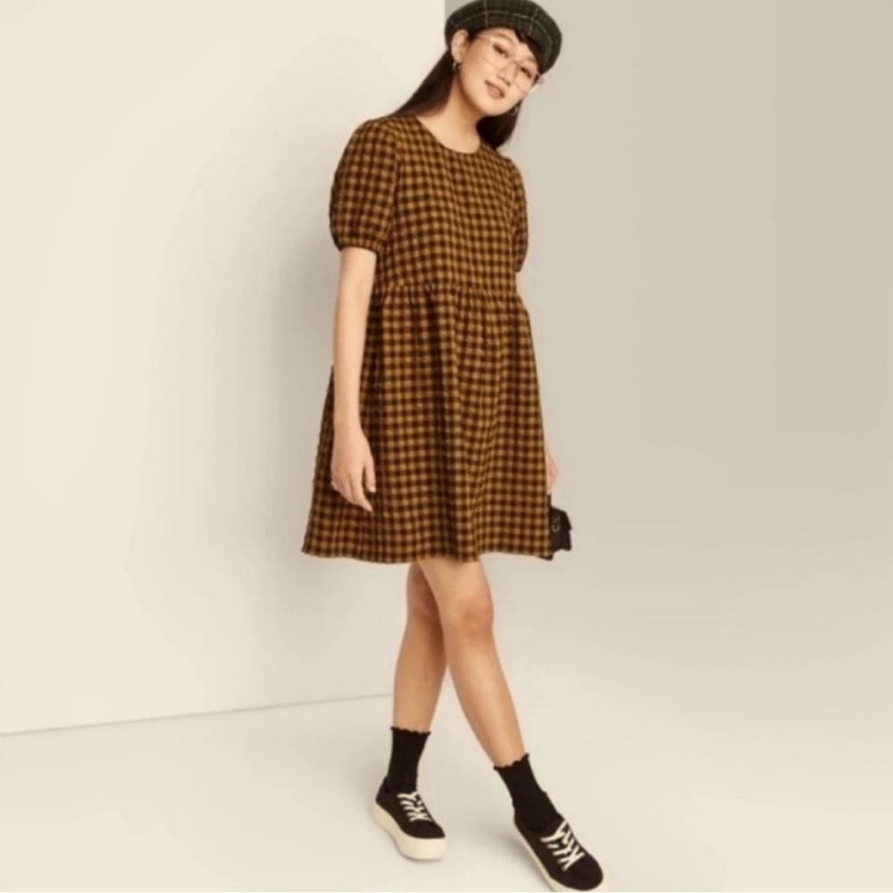 Wild Fable Checkered Babydoll Puff Sleeve Dress